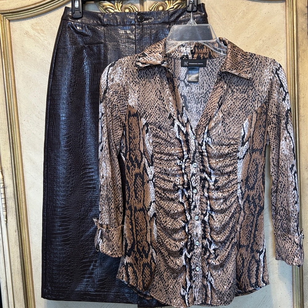INC Tan Brown Black Gold Metallic Ruched Snake Print Rhinestone Button Blouse